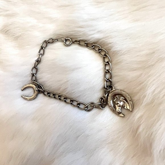 Jewelry Horse Horseshoe Charm Bracelet Silver Tone Metal Good Luck
